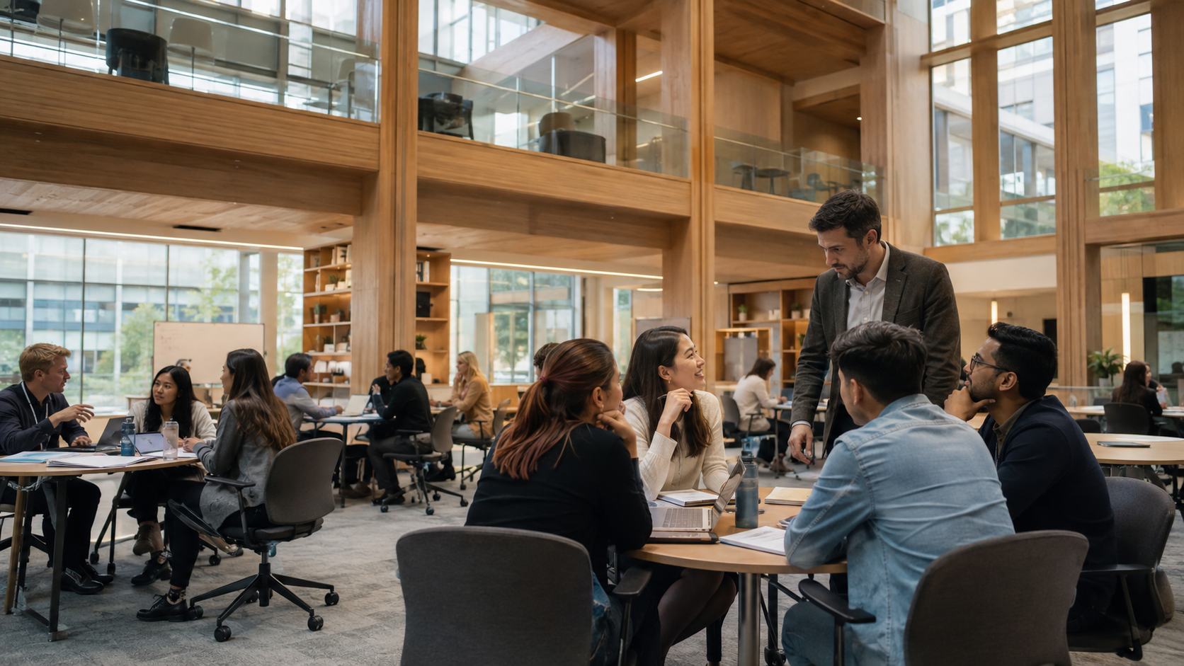 Illustrative contemporary university learning studio with an educator and adult students in active discussion